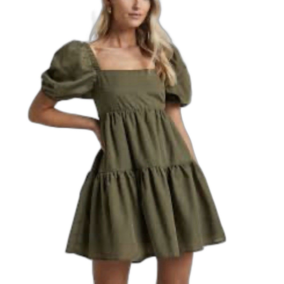 Olive Green 100% Cotton Puff Sleeve Tie Back Ruffle Boho Festival Dress Sz 6